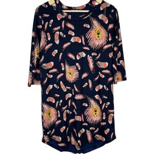 Sweet Claire Navy Peacock Feather T Shirt Jersey Round Neck 3/4 Sleeve Dress S